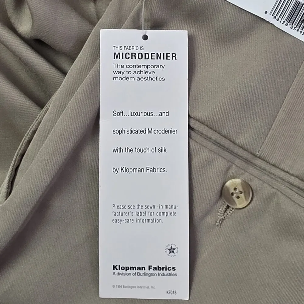 Bill Blass Men's Lido 34x32 Beige Pleated Microfiber Pants